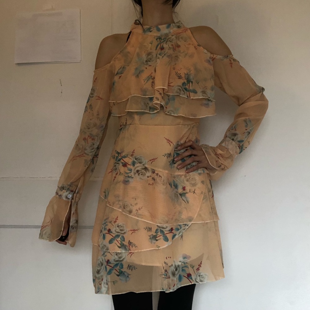 Long-Sleeve Cold Shoulder Yellow Floral Dress